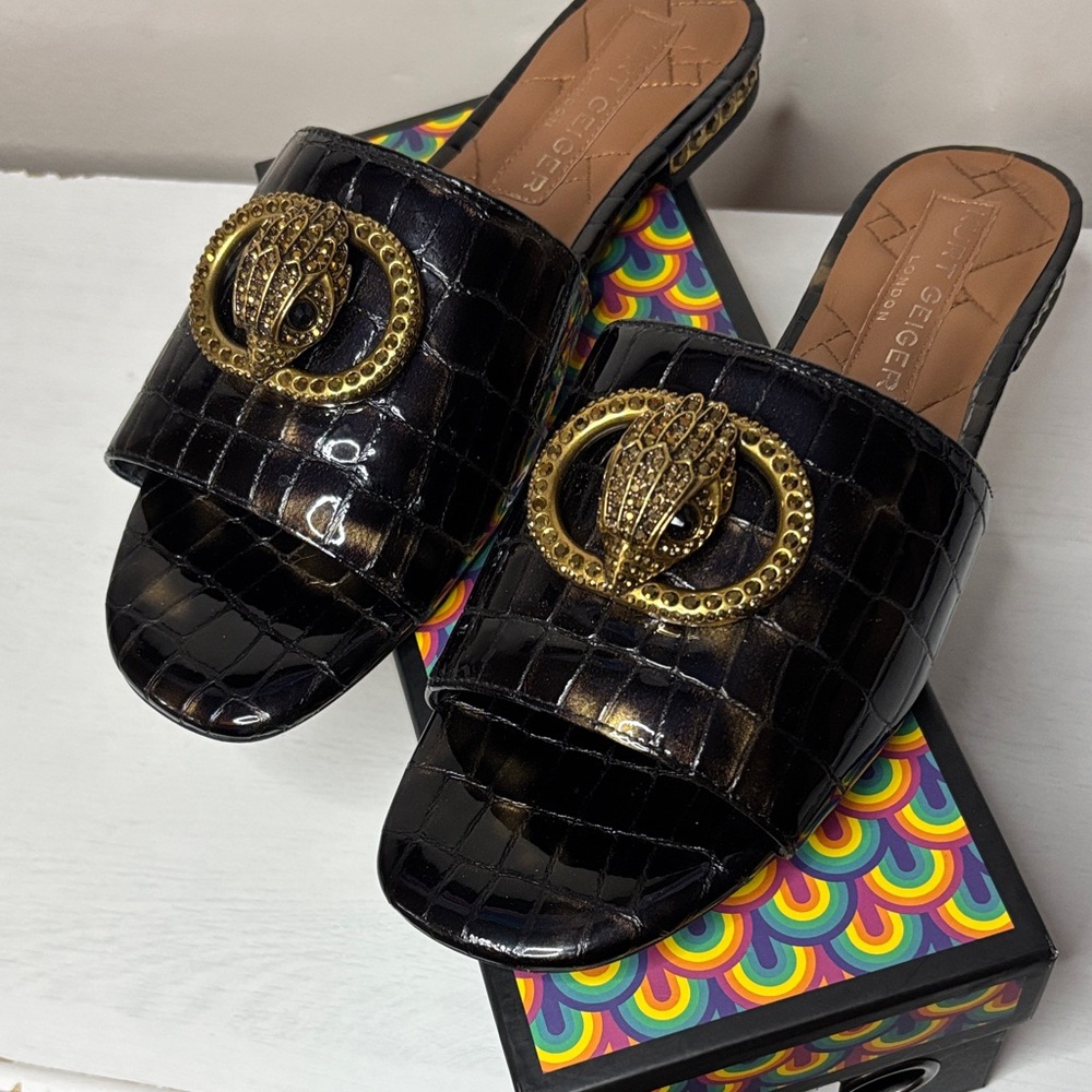 Kurt Geiger Black Slide Sandals with Gold Detail - Picture 11 of 12